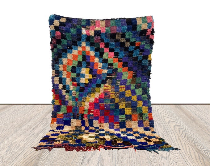 4 x 6 ft Vintage Moroccan, checkered colorful Rug, Yarns area Rug.