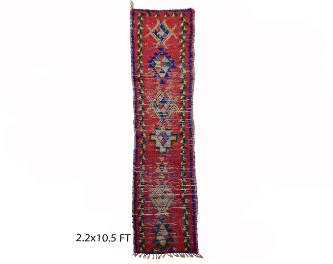 Long Moroccan Red 2x10.5 runner rug, Entryway Vintage Rug Runner.