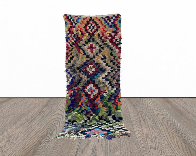 Moroccan narrow checkered 3x8.5 runner rug.