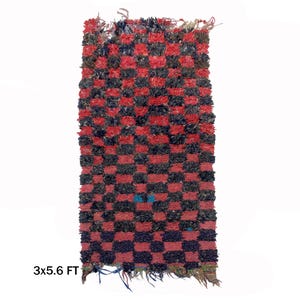 Checkered Moroccan Runner, 3x6 Vintage Boucherouite Rug.