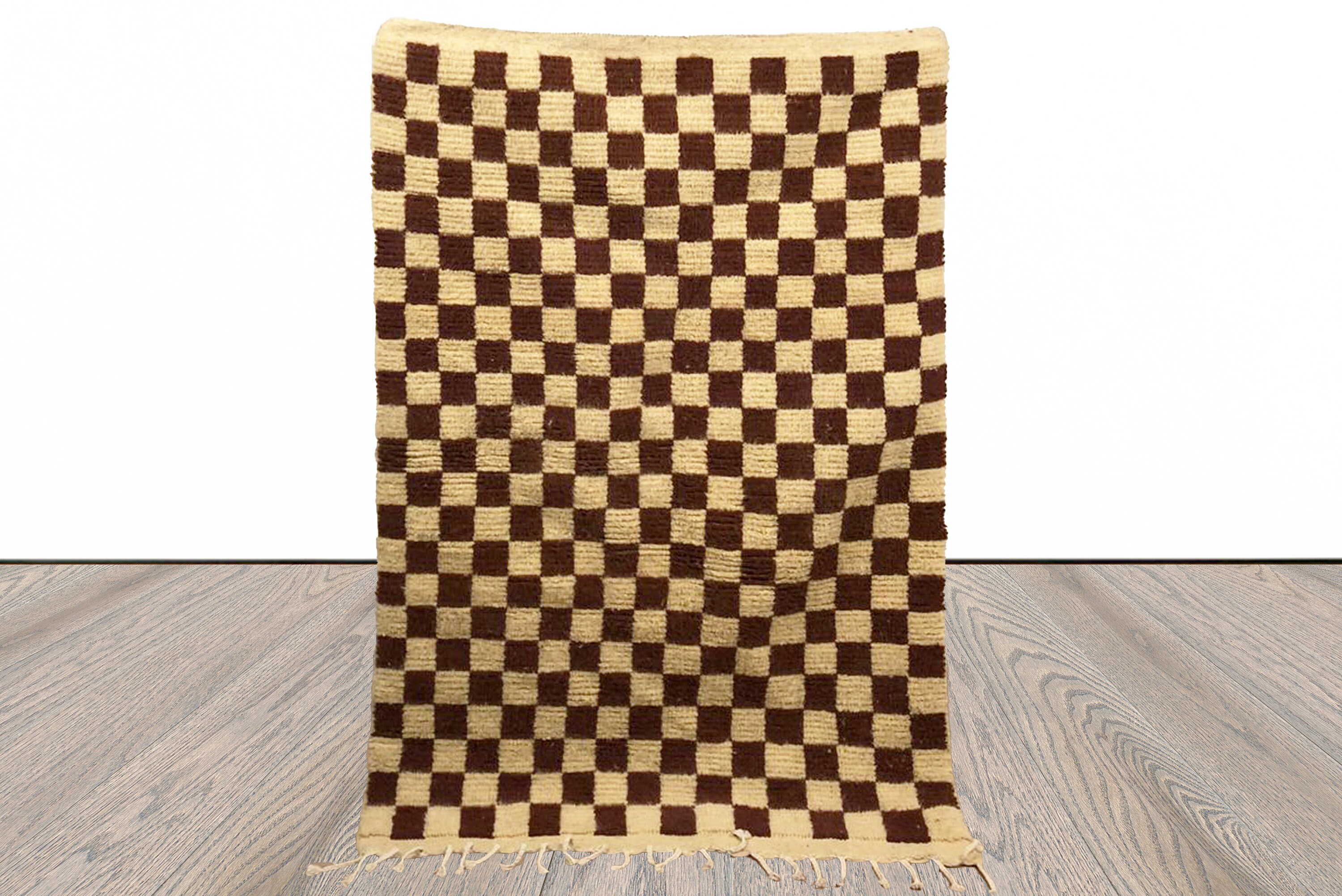 Brown Berber Checkered area rug, Moroccan checkerboard rug