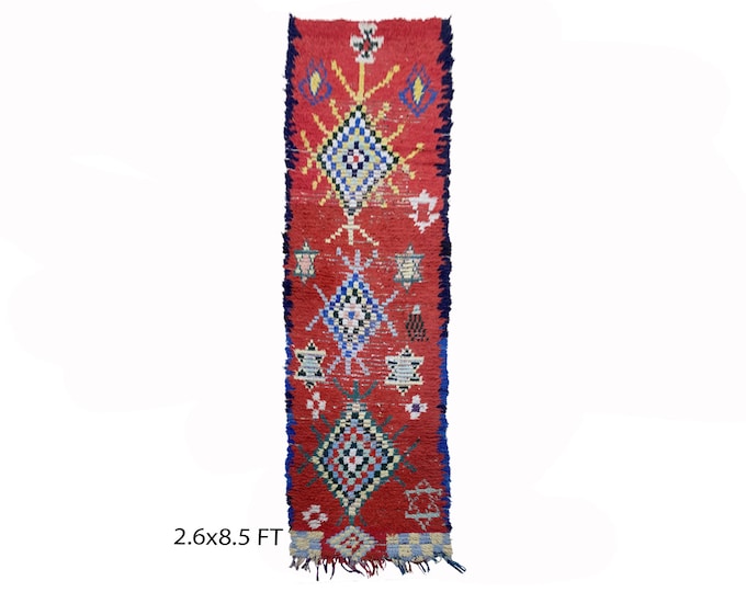 Vintage Moroccan Wool 3x8.5 Runner Rug, Berber colored diamond worn Rug Runner.