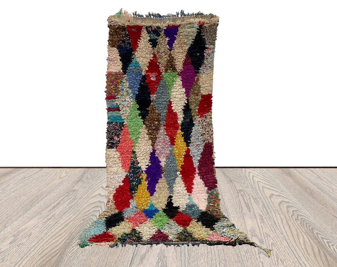 boucherouite narrow runner rug, 2x7 ft, vintage colorful diamond rug.