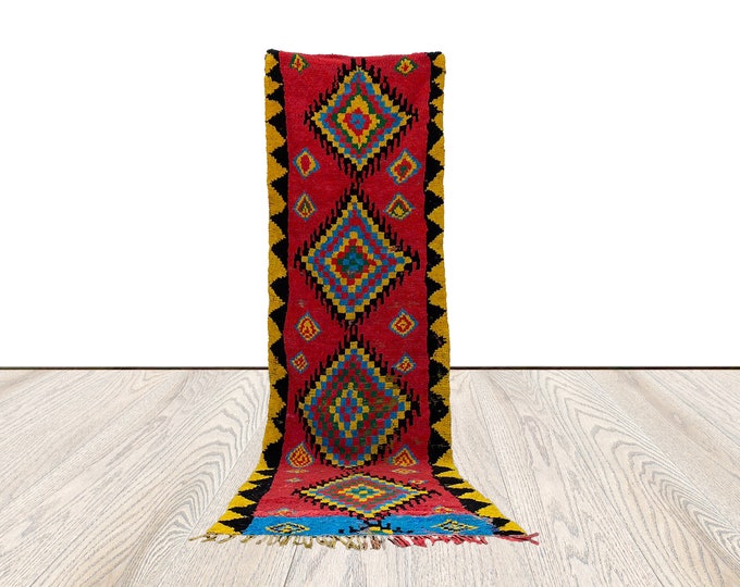 Cotton and Wool Moroccan Rug, runner Rug 2 ft by 9 ft.