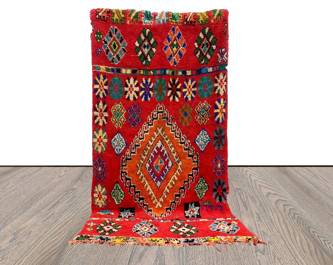Berber vintage carpet hand woven 4x9, Moroccan Red area Rugs.