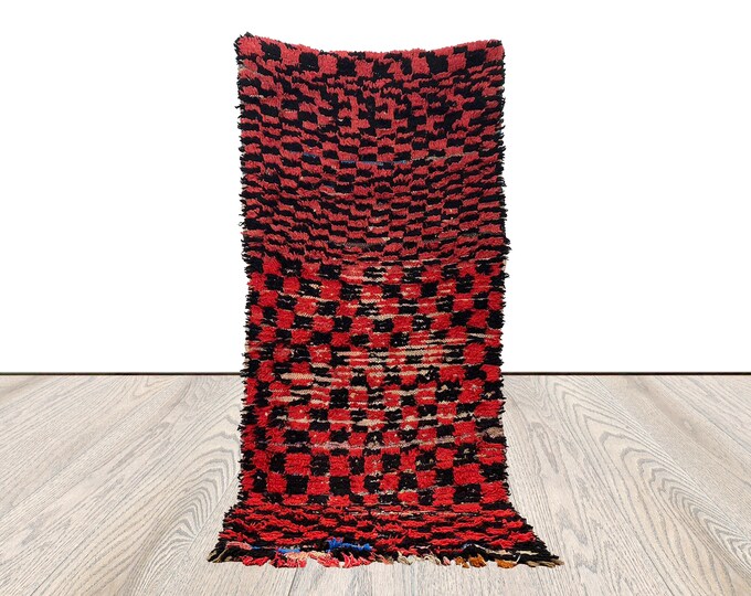 Vintage Checkered Rug, Berber runner red and black Rug 3x7 ft.