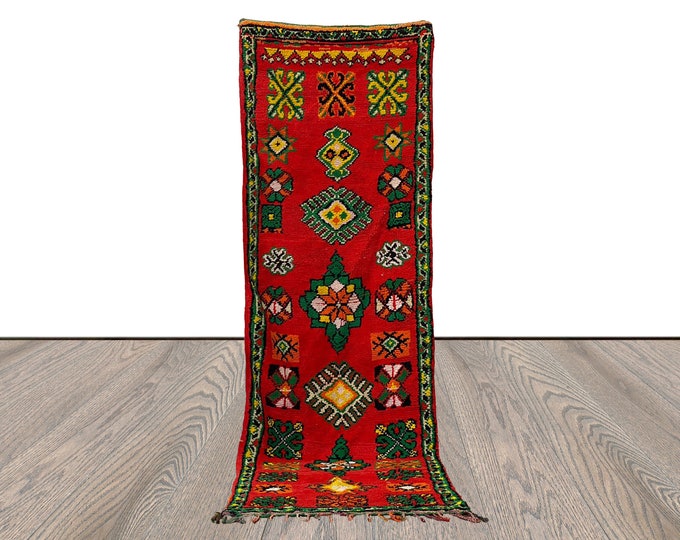 3x7 Cotton Handwoven red Vintage Rug, Berber Moroccan runner Rug.