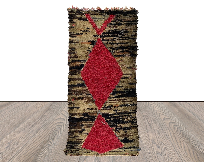 Boucherouite colorful Woven Rug, 3x7 Moroccan Berber old narrow runner Rugs.