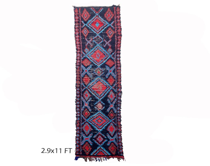 Long diamond rug runner 3x11, Moroccan vintage runner rug.