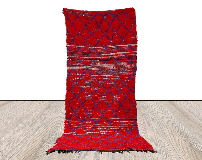 3 x 7 ft tribal berber diamond rug, morocco vintage red and blue runner rug.