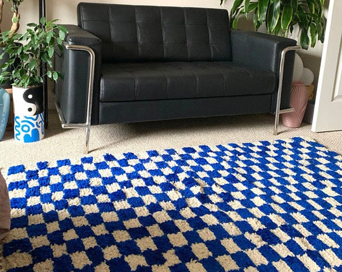 Handmade Moroccan Berber wool blue and white checkered rug!