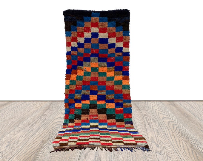 3x6 ft checkered berber shaggy rug, colorful runner rug, moroccan old rare rug.