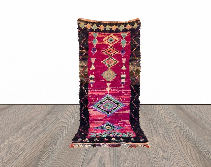 4x9 tribal Berber Moroccan Boucherouite colorful area Rug.