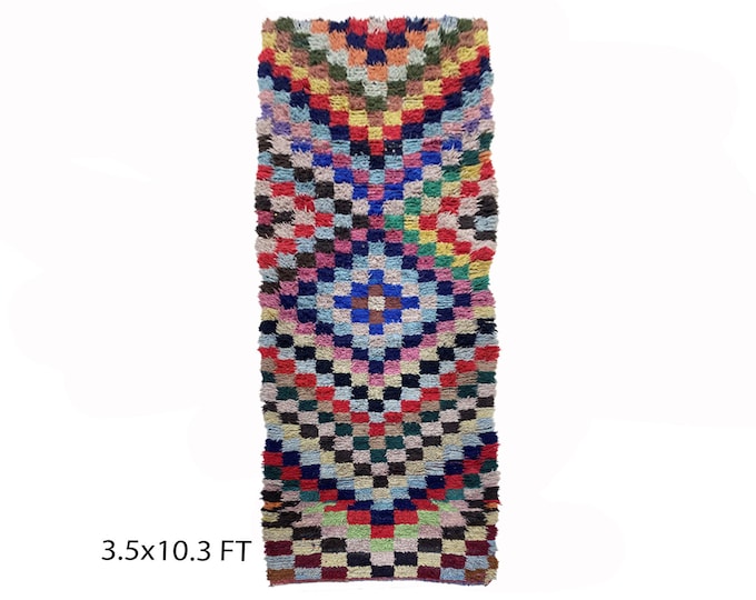 Checkered vintage 3.5x10 runner rug, colorful Berber rug runner.