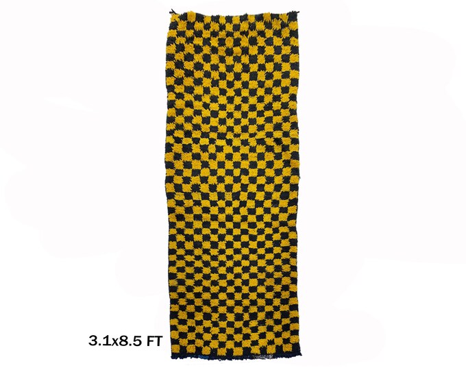 Black and Yellow Checkerboard Moroccan rug, 3x8.5 Runner!