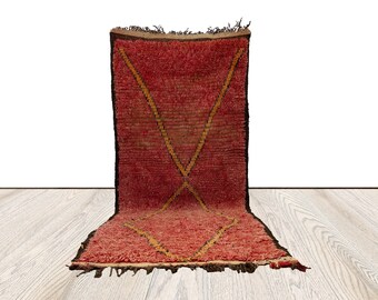 3x6 ft Vintage Shaggy Rug, woven Wool red faded Rug.