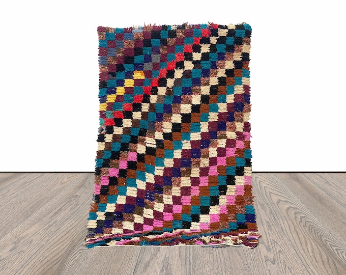 3x6 Vintage Checkered Moroccan Runner Rug.