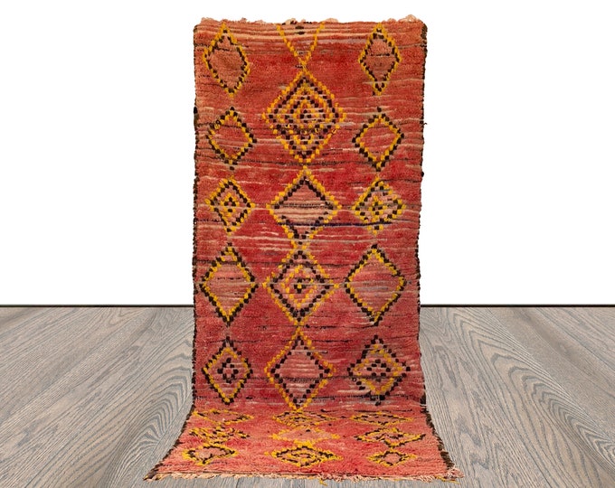 Faded Pink runner Rugs 3x8, Vintage Moroccan woolen Berber Rug.