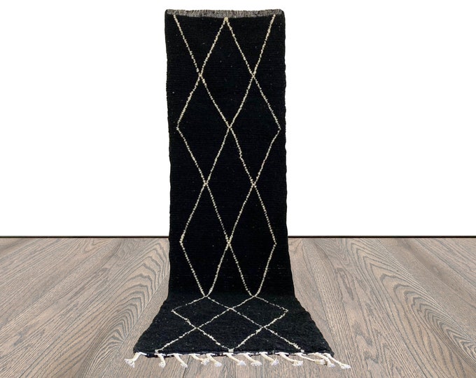 3x10 Moroccan Berber Black and white Rug, Beni Ourain Woven Diamond Narrow runner Rugs