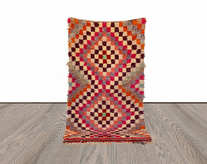 Checkered Chevron Colorful Vintage Small runner Rug 3x6. Moroccan Berber Rug.