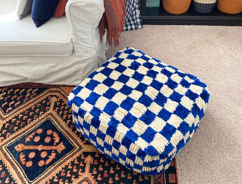 Moroccan Berber square checkered pouf ottoman Blue and white