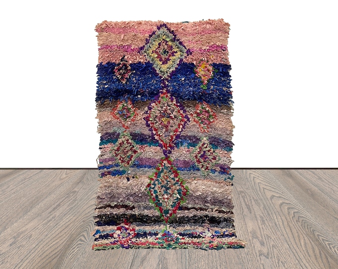 Handwoven Vintage Shag Rugs. 3x7 Moroccan Berber Boucherouite colored Area Rug.