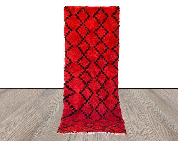 3x8 Red Woven Moroccan vintage Berber runner rug.