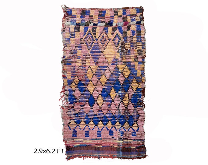 Handwoven Berber Moroccan Wool 3x6 Rug, Faded colorful diamond rug.