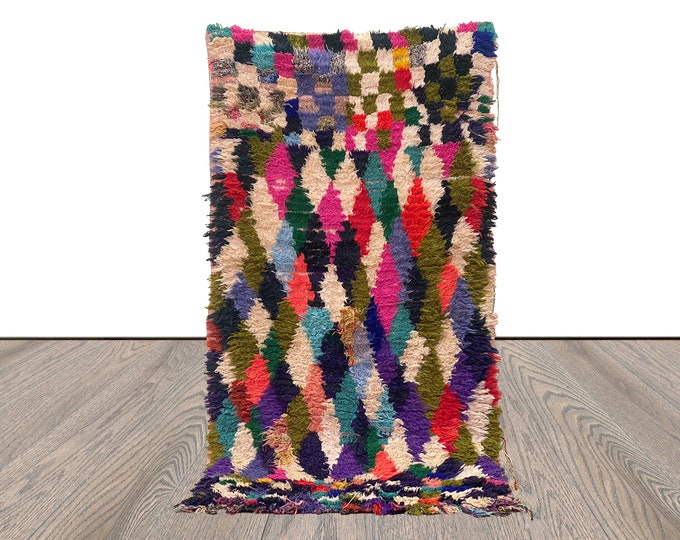 3x5 Small vintage runner Rugs, Moroccan Handwoven colorful Diamond Rug.