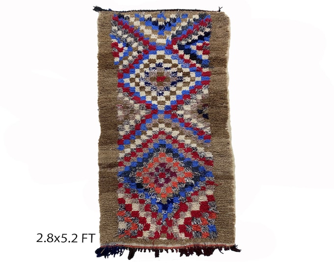Small Moroccan checkered 3x5 rug, vintage colorful area rugs.