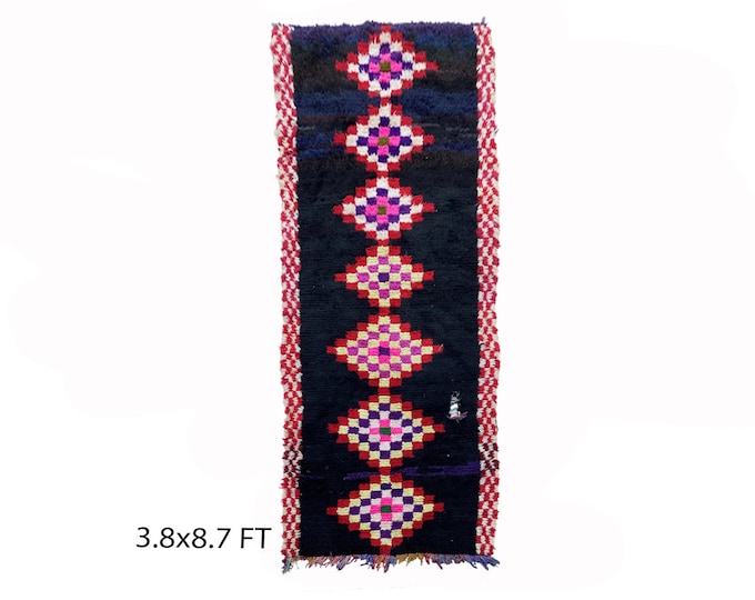 Moroccan diamond 4x9 runner rug, Narrow vintage rug runner.