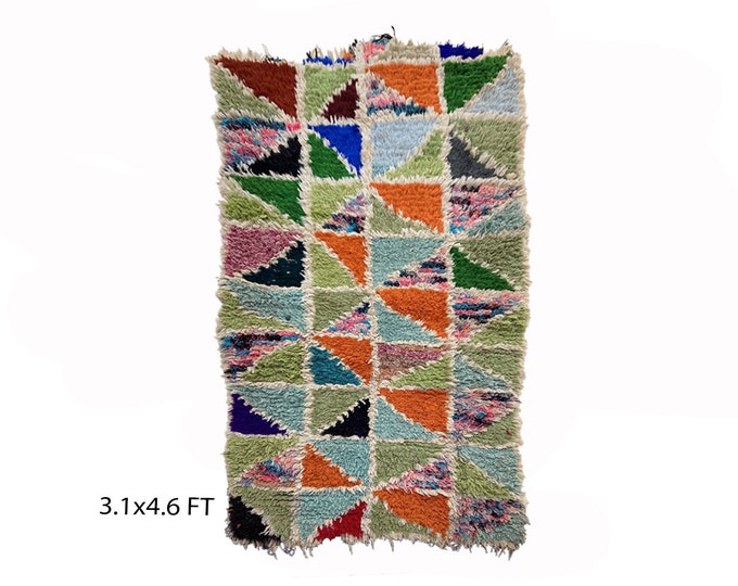 Small colorful vintage rug 3x5, Moroccan Berber area rug.