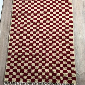 Red and white checkered rug, large moroccan berber checker area rug, morocco checkerboard rug, modern kitchen rug. image 9