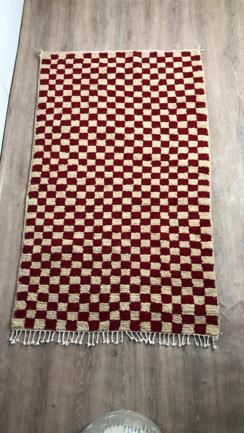 Red and white checkered rug, large moroccan berber checker area rug, morocco checkerboard rug, modern kitchen rug. image 9