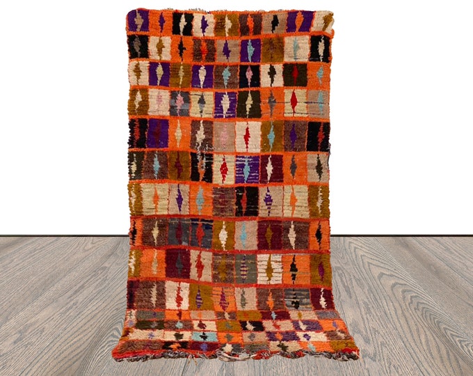 3x6 Moroccan vintage Berber Handwoven Rug. Grid orange and squares colorful Rug.