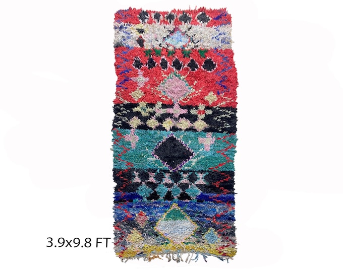 Vintage Moroccan runner rug 4x10, colorful Berber rug runner.