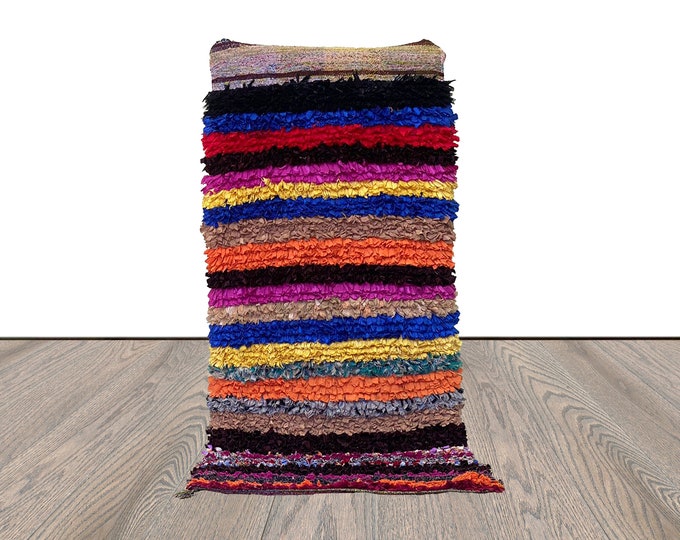 3x6 Boucherouite Moroccan striped rug, Colorful vintage small runner rug.