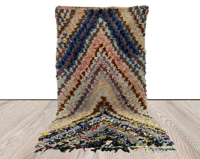 Vintage Boucherouite runner Rugs, 3x6 ft Moroccan Striped Shag Rug.