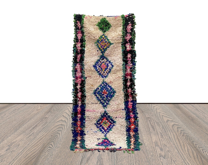 White Vintage Narrow Boucherouite runner Rugs, 2x6 Moroccan Berber white shag Rug.