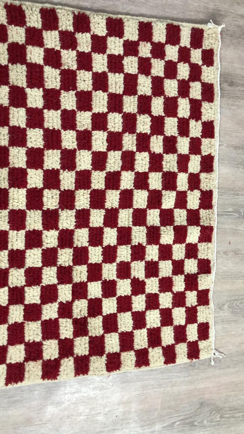 Red and white checkered rug, large moroccan berber checker area rug, morocco checkerboard rug, modern kitchen rug. image 5