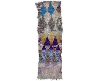 May include: A long, rectangular rug with a diamond pattern in shades of blue, gray, purple, and yellow. The rug has a textured, woven appearance and a fringed edge. The design features repeating diamond and triangle shapes.