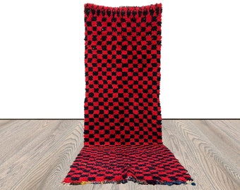 3x11 feet Checkerboard vintage Moroccan Long runner Rugs, Checked Red and Black Rug, Hand woven Cotton.