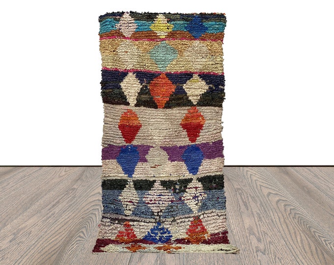 3x8 Vintage Boucherouite colorful area Rugs, Moroccan Diamond Shag Rug.