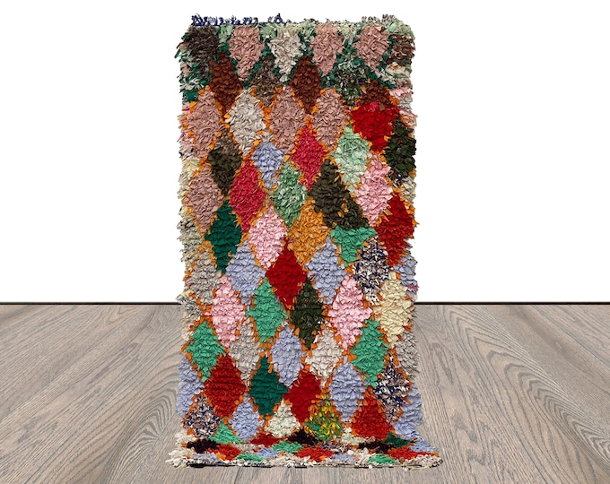 7x3 Moroccan Boucherouite colorful Diamond runner Rug.