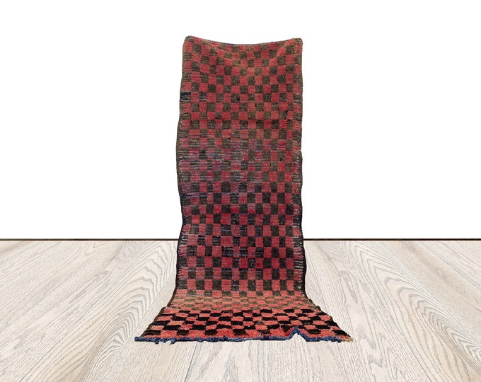 red and black vintage Rug, berber checkered 3 by 8 ft runner rug.