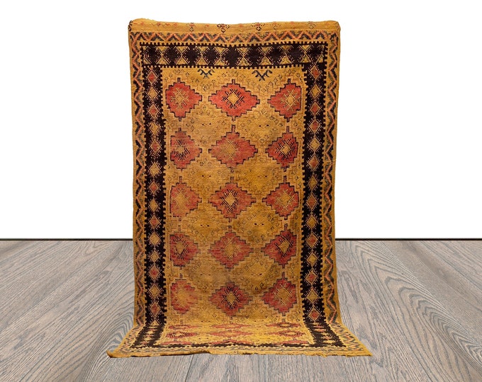 4x9 Vintage Moroccan Yellow Rugs,  Large runner Rug.