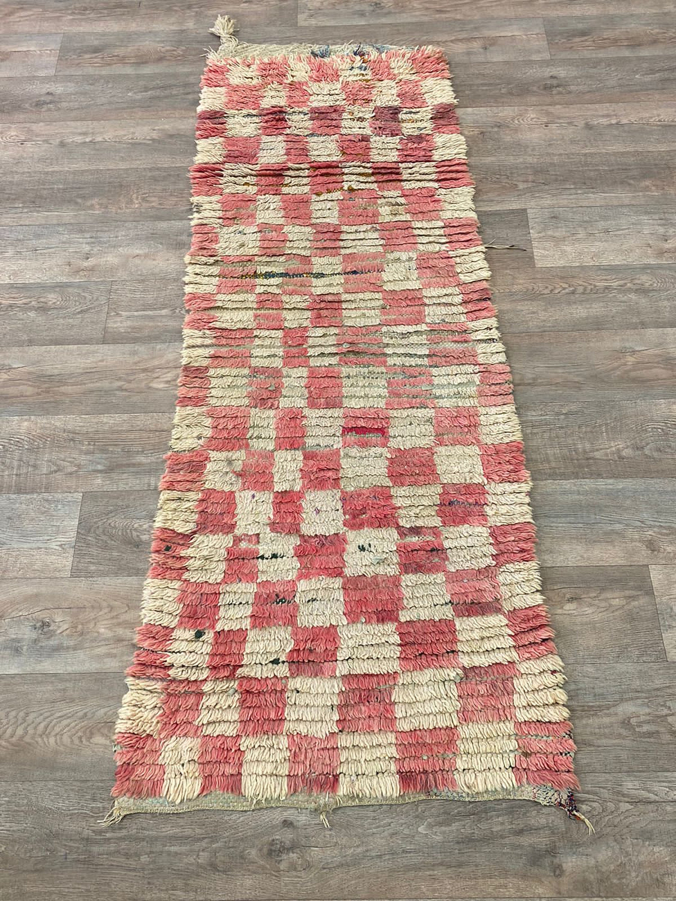 ヴィンテージ モロッコ製 カラフル チェックラグ 203×102cm Vintage】モロッコ・ヴィンテージラグ L-7 