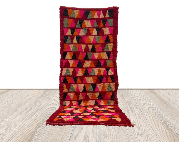 Berber woven colorful Wool Rug, 3x8 ft Vintage Moroccan RUNNER narrow Stair Rug.