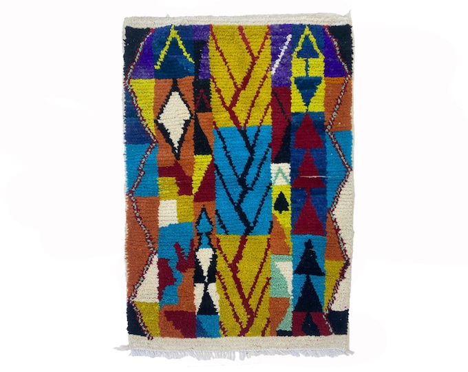 handmade Bohemian Area Rug: Colorful Moroccan rug, Hand Knotted custom rug.