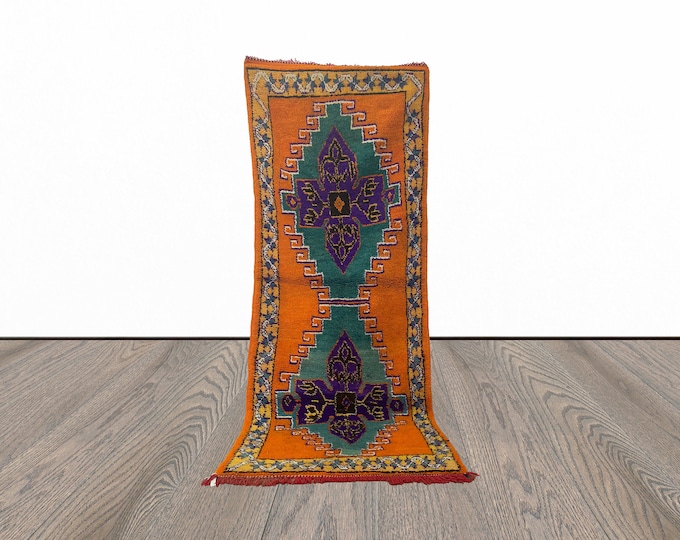 Long colorful Moroccan 3.5x9 runner rug.